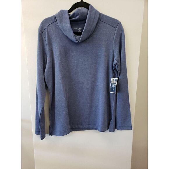 Heathered Blue Cowl-Neck Long-Sleeve Shirt Top S‎ - Picture 2 of 5